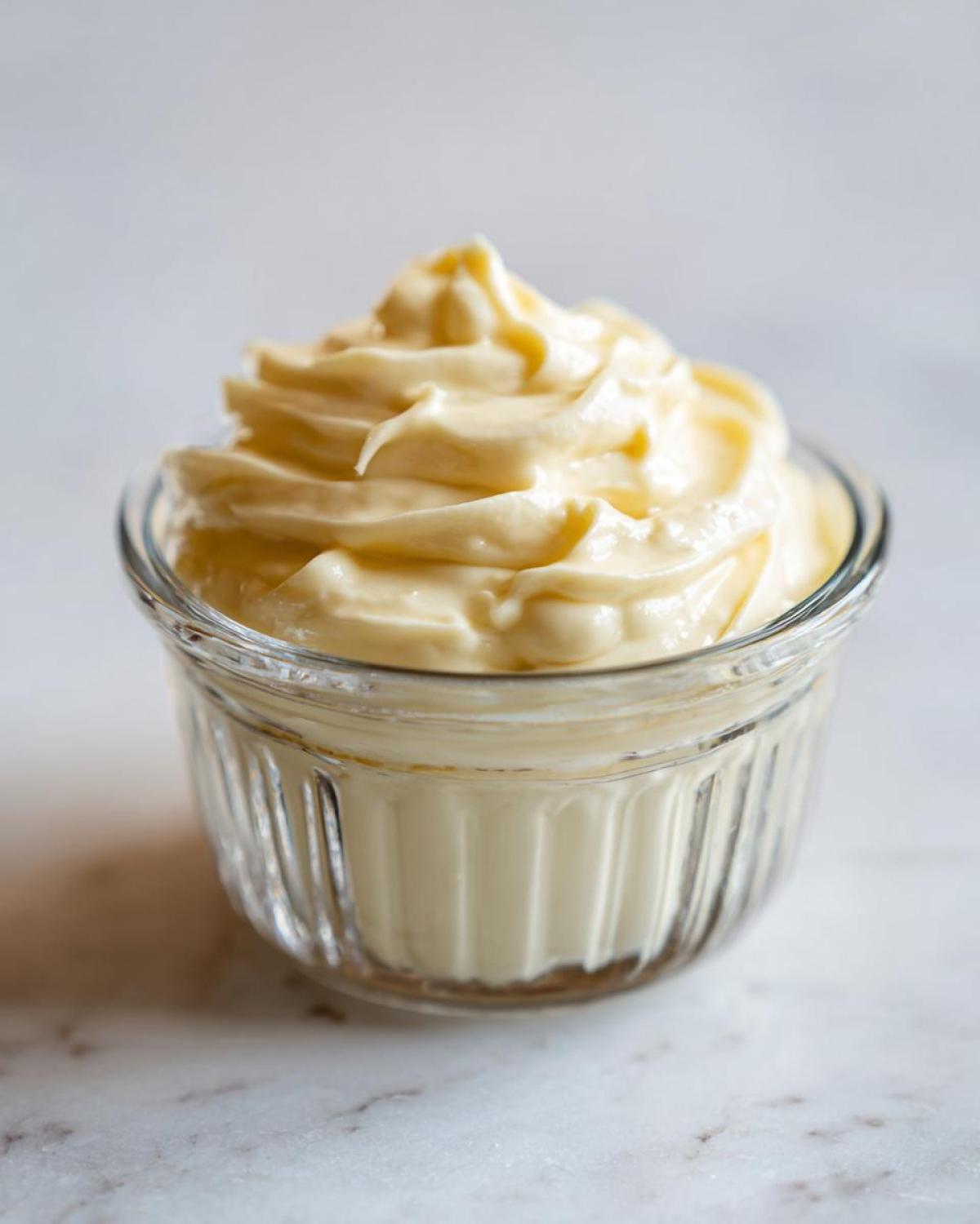 A close-up of thick, creamy homemade mayonnaise swirled beautifully in a small, ribbed glass dish.