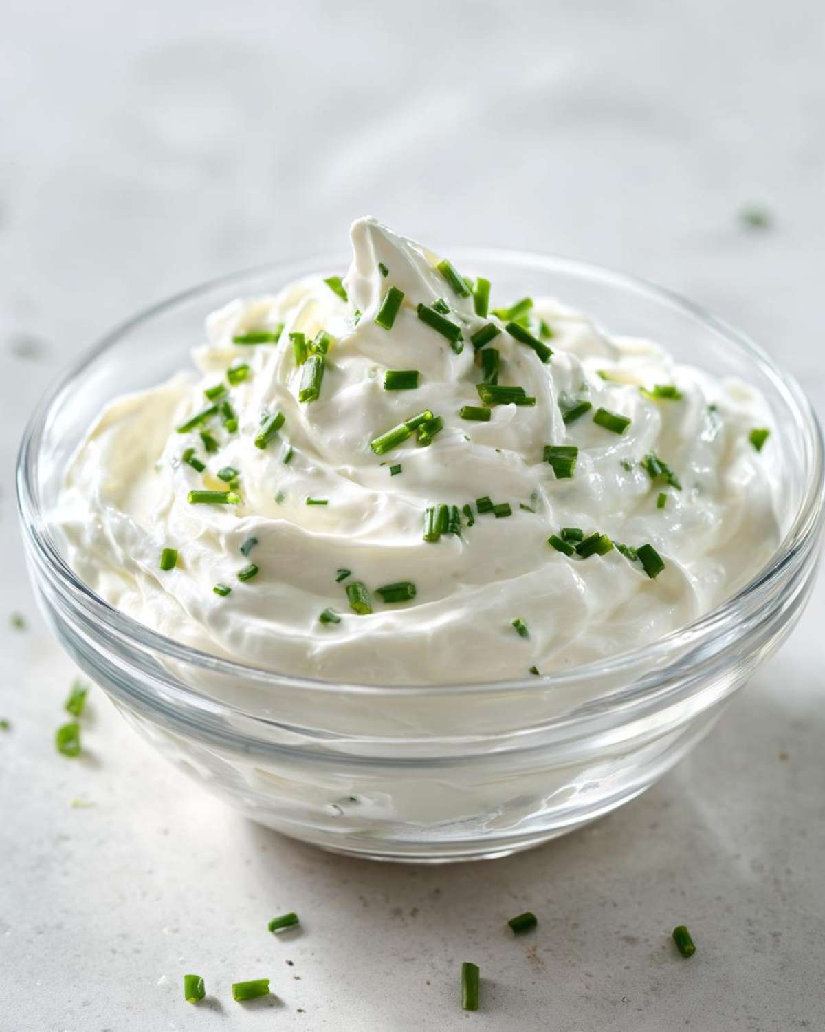 Close-up of creamy 5-Minute Greek Yogurt Ranch Dip swirled in a glass bowl and topped with chopped fresh chives.