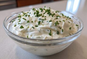 A clear glass bowl filled with creamy 5-Minute Greek Yogurt Ranch Dip, topped generously with fresh chopped chives.