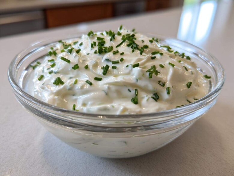 A clear glass bowl filled with creamy 5-Minute Greek Yogurt Ranch Dip, topped generously with fresh chopped chives.
