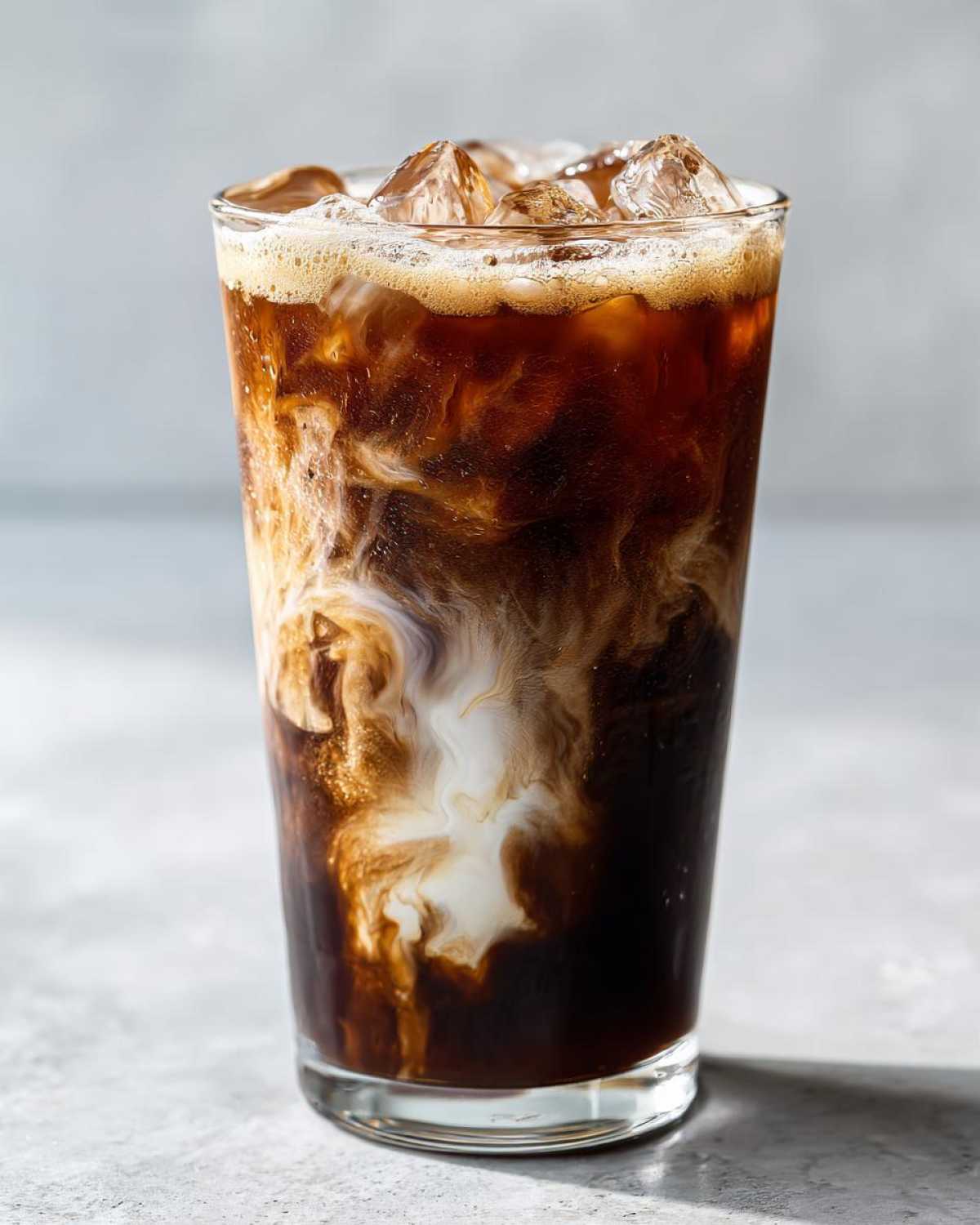 Close-up of a tall glass filled with Iced Mocha, showing rich dark coffee mixing beautifully with white cream over ice cubes.