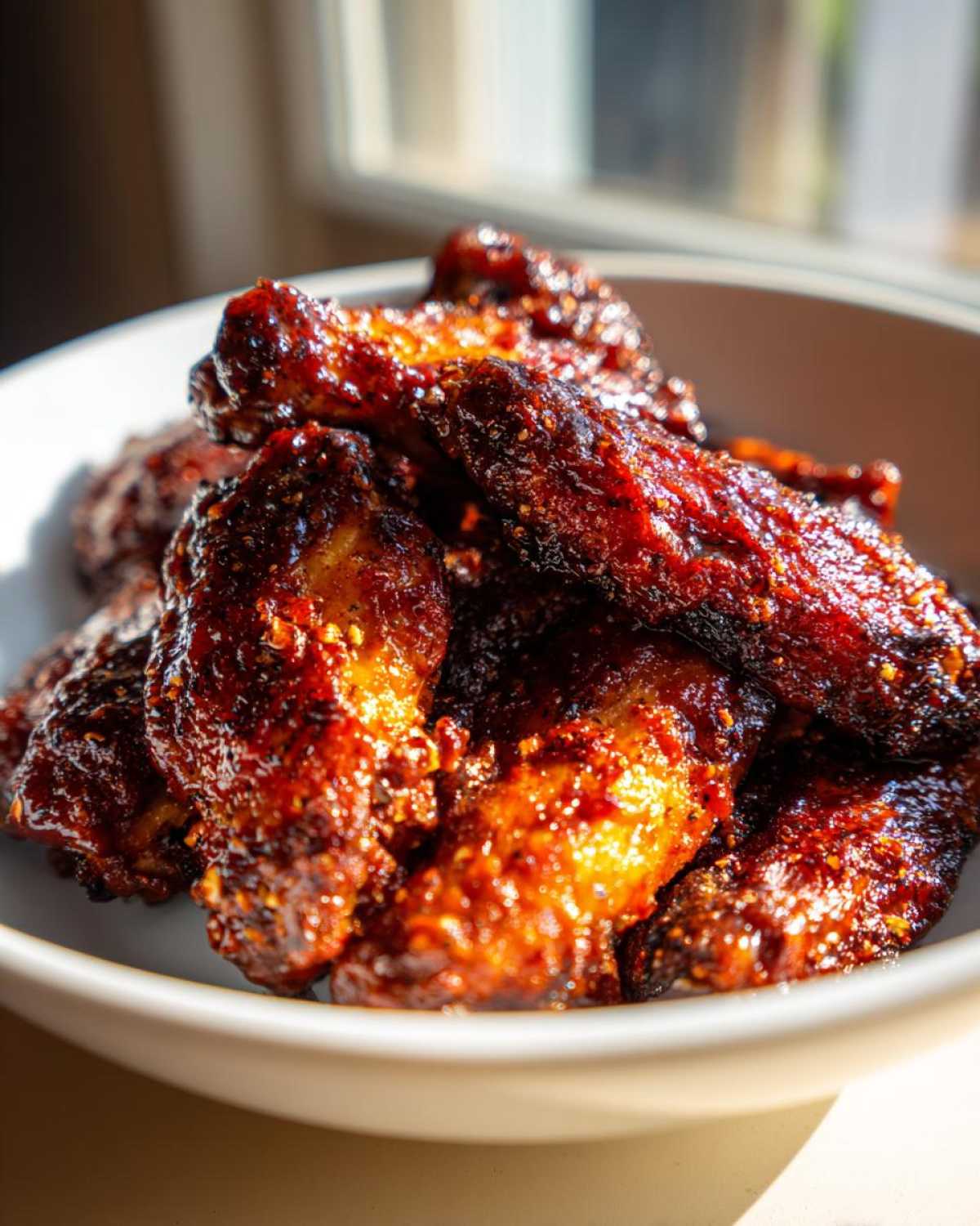 Close-up of glossy, saucy Air Fryer BBQ Chicken Wings piled high in a white bowl.