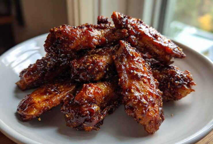 A pile of crispy, glazed Air Fryer BBQ Chicken Wings sprinkled with sesame seeds on a white plate.