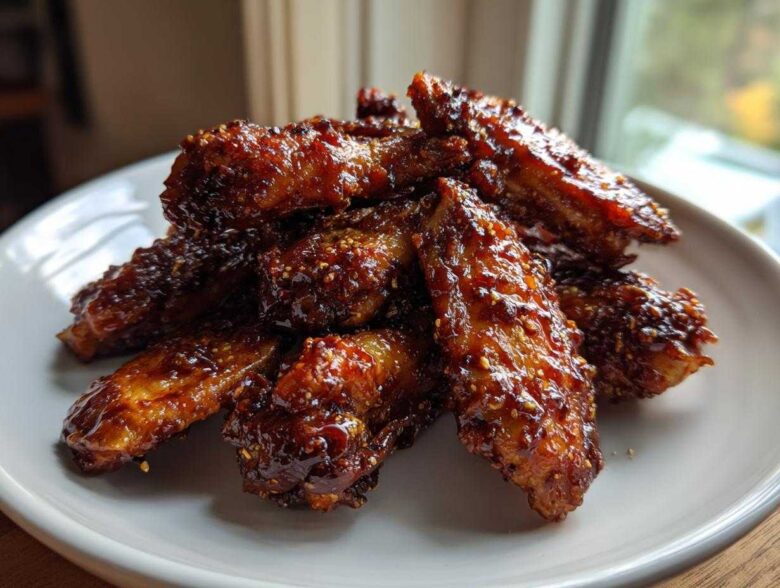 A pile of crispy, glazed Air Fryer BBQ Chicken Wings sprinkled with sesame seeds on a white plate.