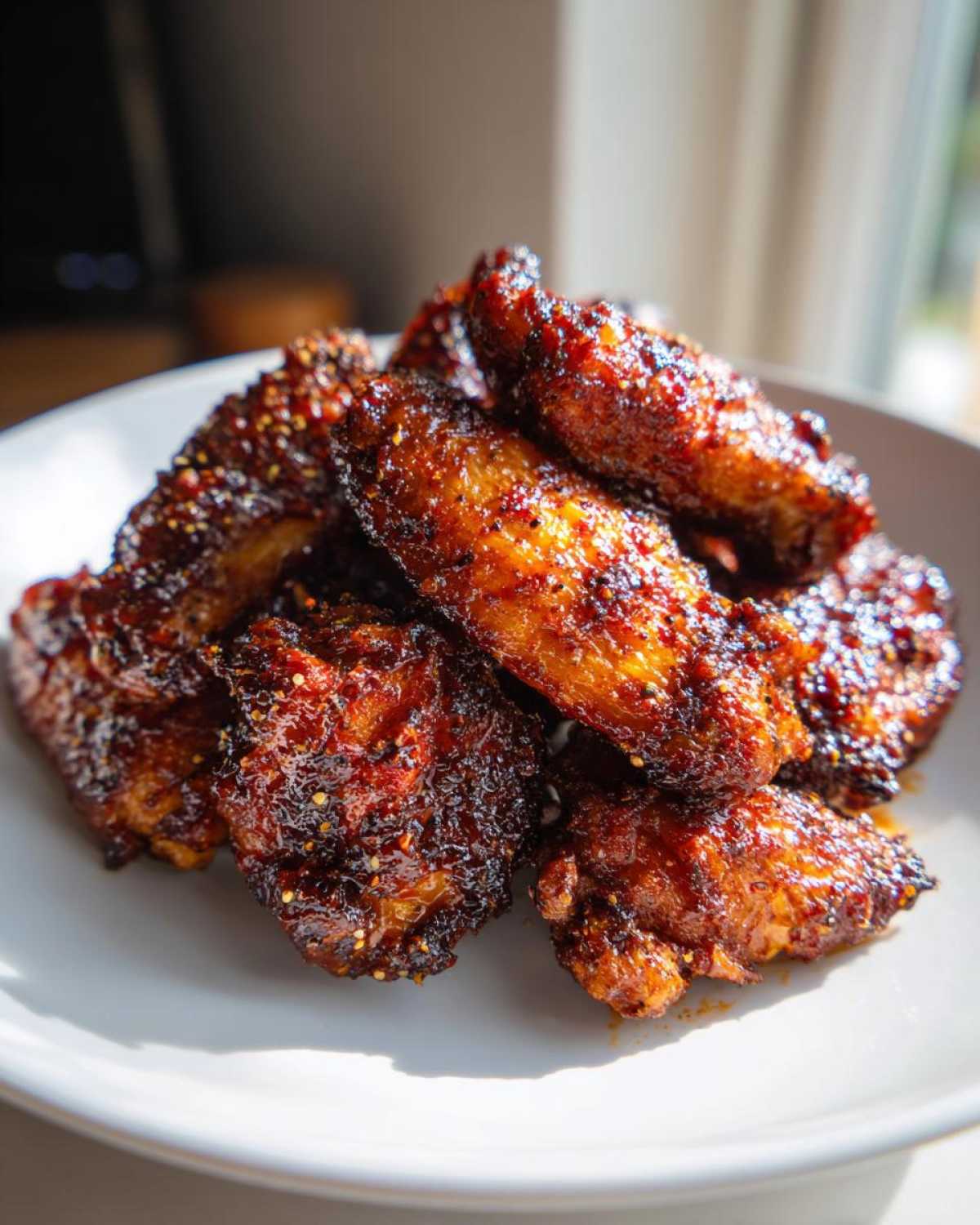 A pile of crispy, glazed Air Fryer BBQ Chicken Wings seasoned with spices, served on a white plate.
