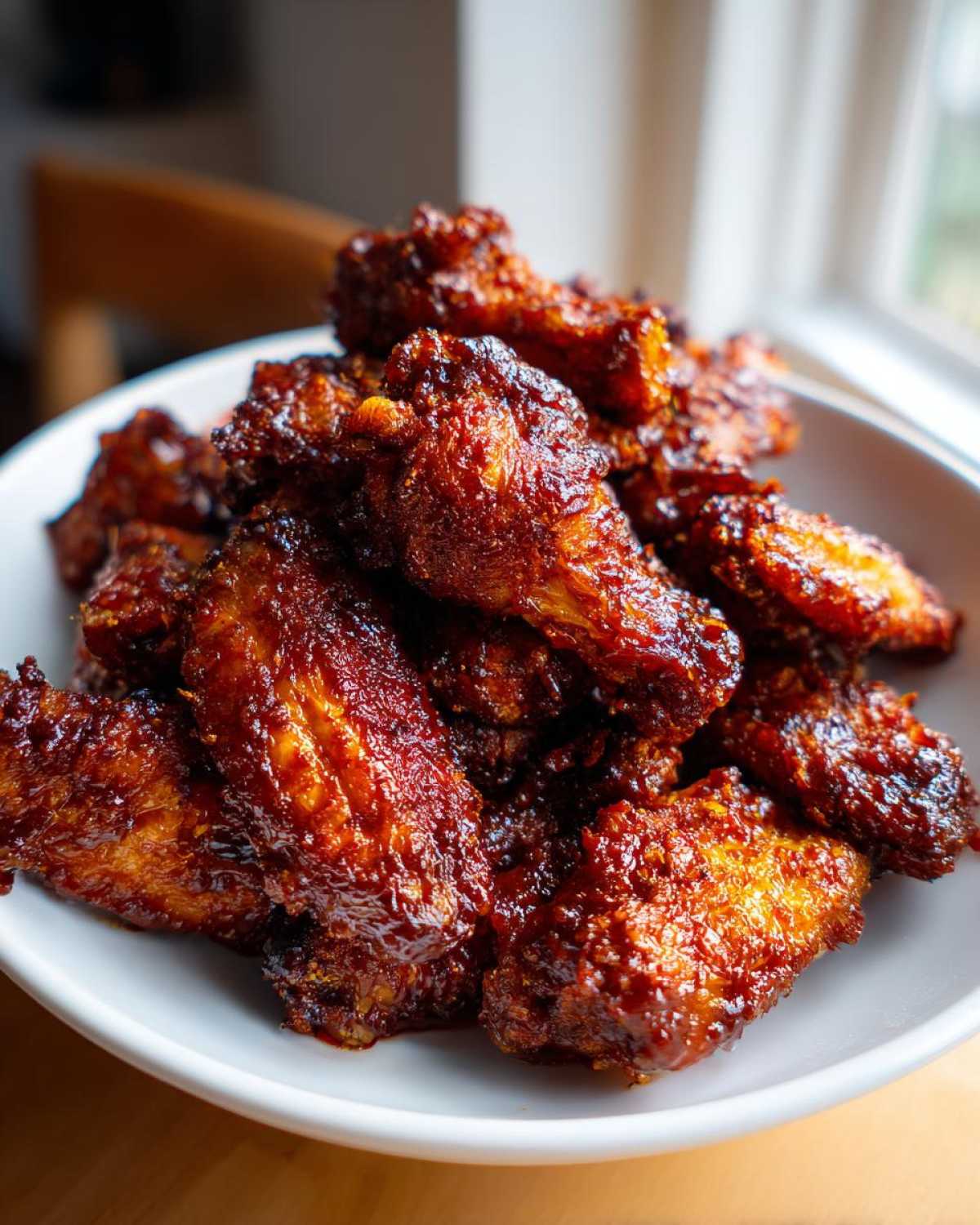 Close-up of a white bowl piled high with crispy, saucy Air Fryer BBQ Chicken Wings.