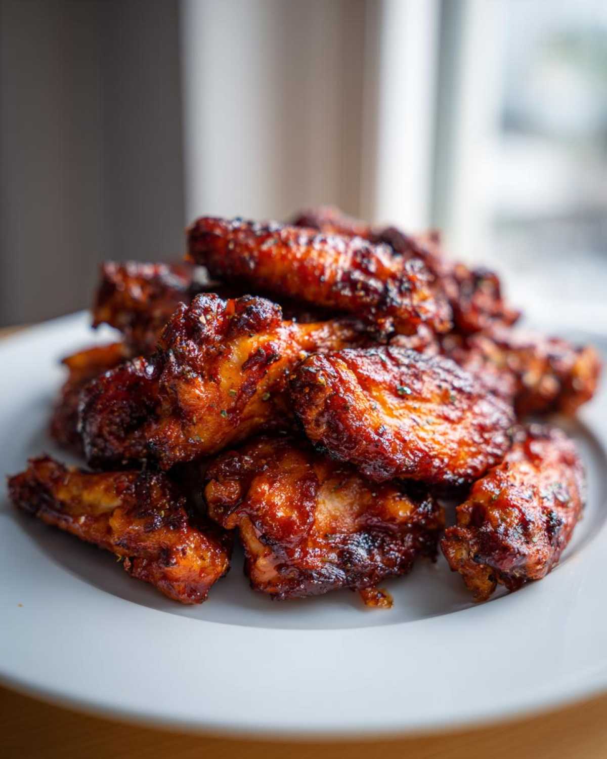 A close-up stack of glossy, caramelized Air Fryer BBQ Chicken Wings piled high on a white plate.