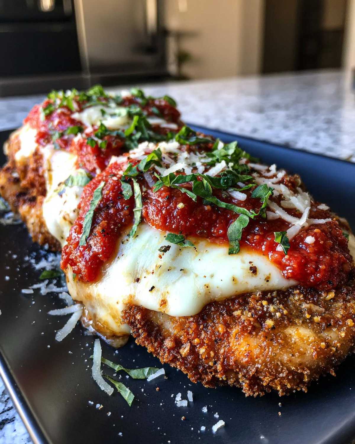 Two pieces of crispy Air Fryer Chicken Parmesan topped with melted mozzarella, marinara sauce, and fresh basil.