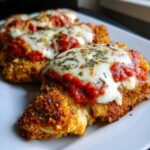 Close-up of three pieces of crispy Air Fryer Chicken Parmesan topped with marinara sauce and melted mozzarella cheese.