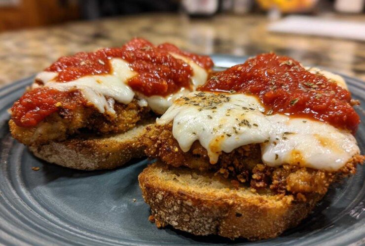 Two servings of crispy Air Fryer Chicken Parmesan topped with melted mozzarella and marinara sauce, served on toasted bread.
