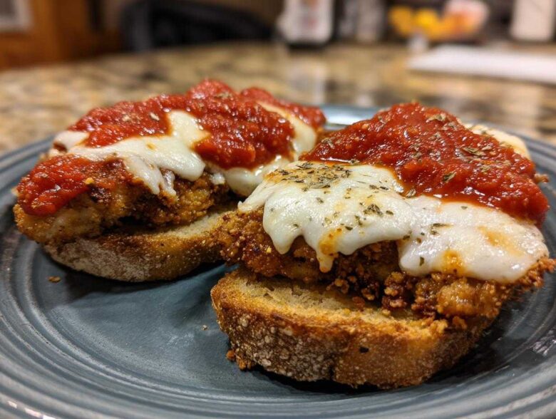 Two servings of crispy Air Fryer Chicken Parmesan topped with melted mozzarella and marinara sauce, served on toasted bread.
