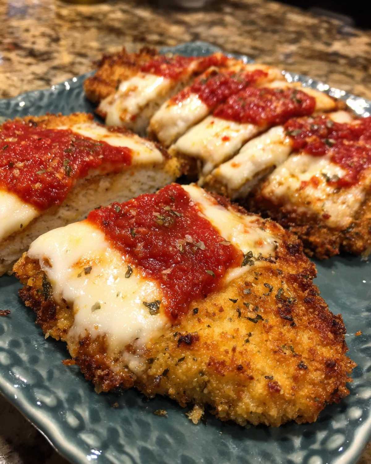 Close-up of crispy Air Fryer Chicken Parmesan cutlets topped with melted mozzarella and marinara sauce.