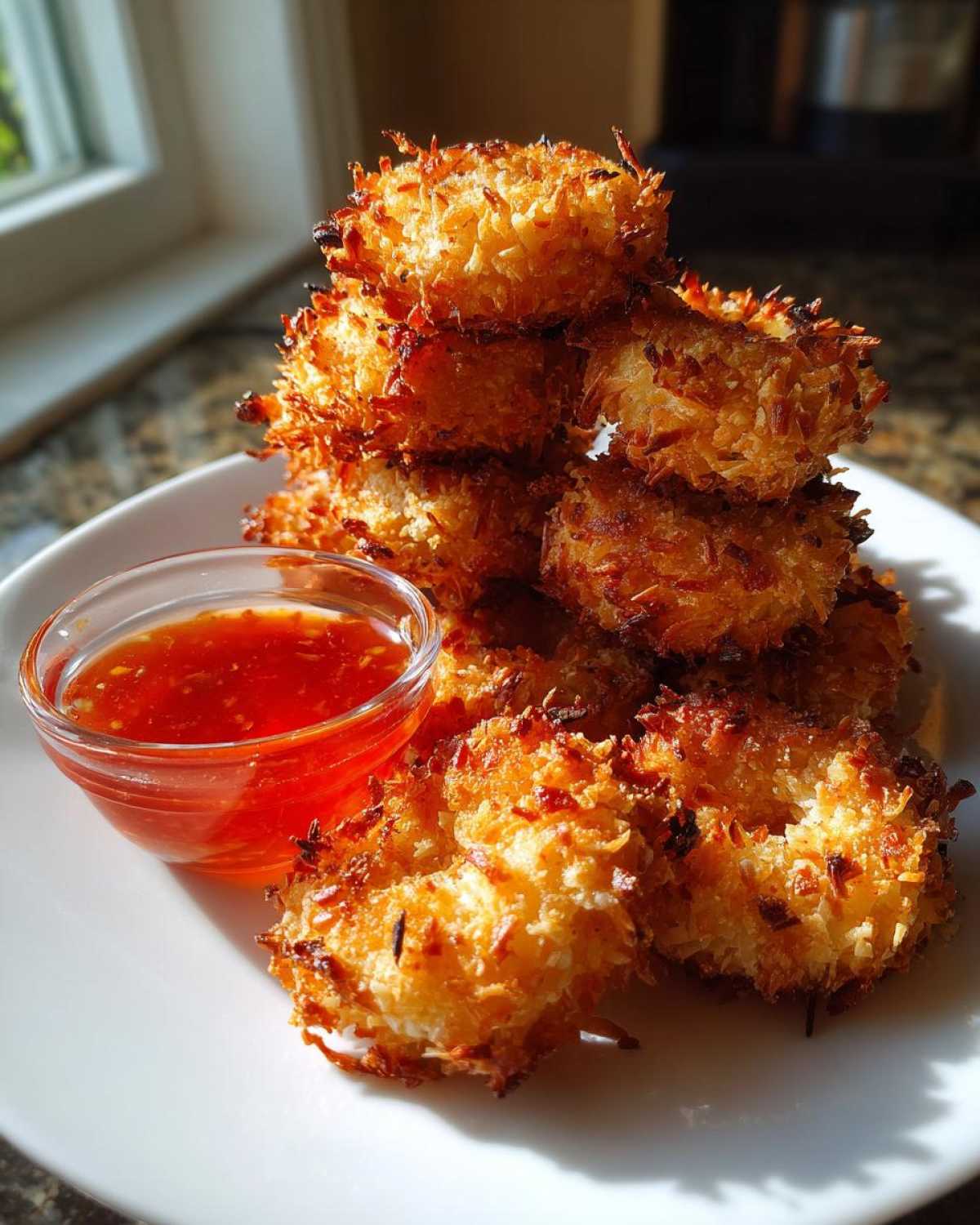 A stack of golden brown Air Fryer Coconut Shrimp served with a small bowl of bright red sweet chili sauce.