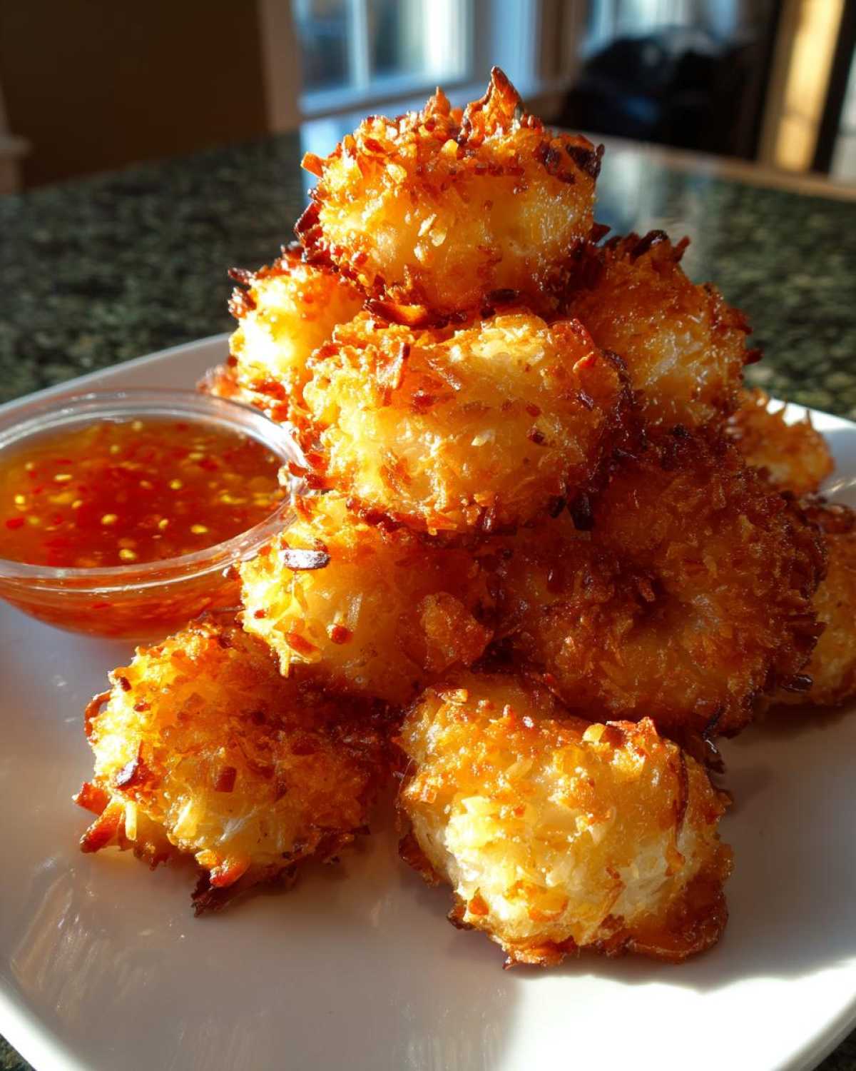 A golden stack of crispy Air Fryer Coconut Shrimp served with a small bowl of sweet chili dipping sauce.