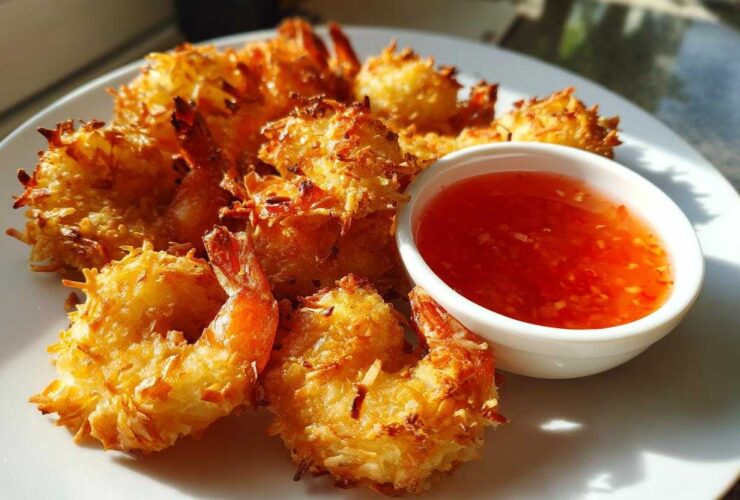 Plate of crispy, golden Air Fryer Coconut Shrimp served with a side of bright red sweet chili sauce.