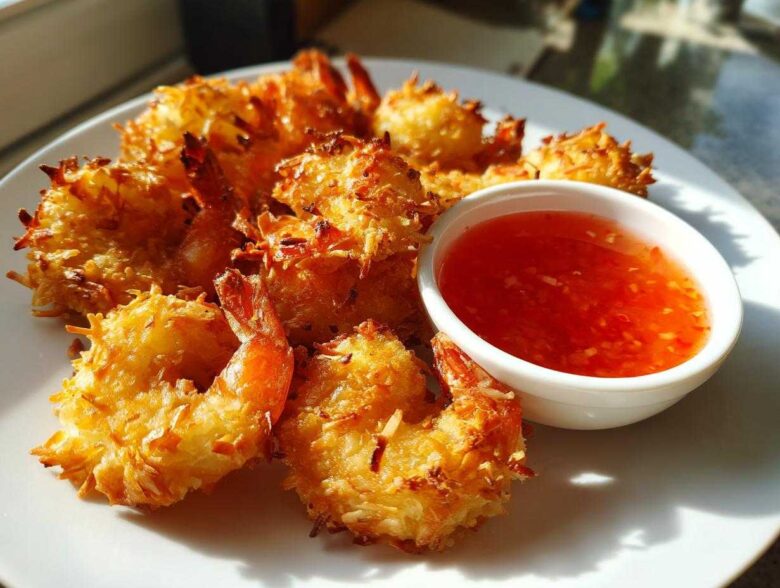 Plate of crispy, golden Air Fryer Coconut Shrimp served with a side of bright red sweet chili sauce.