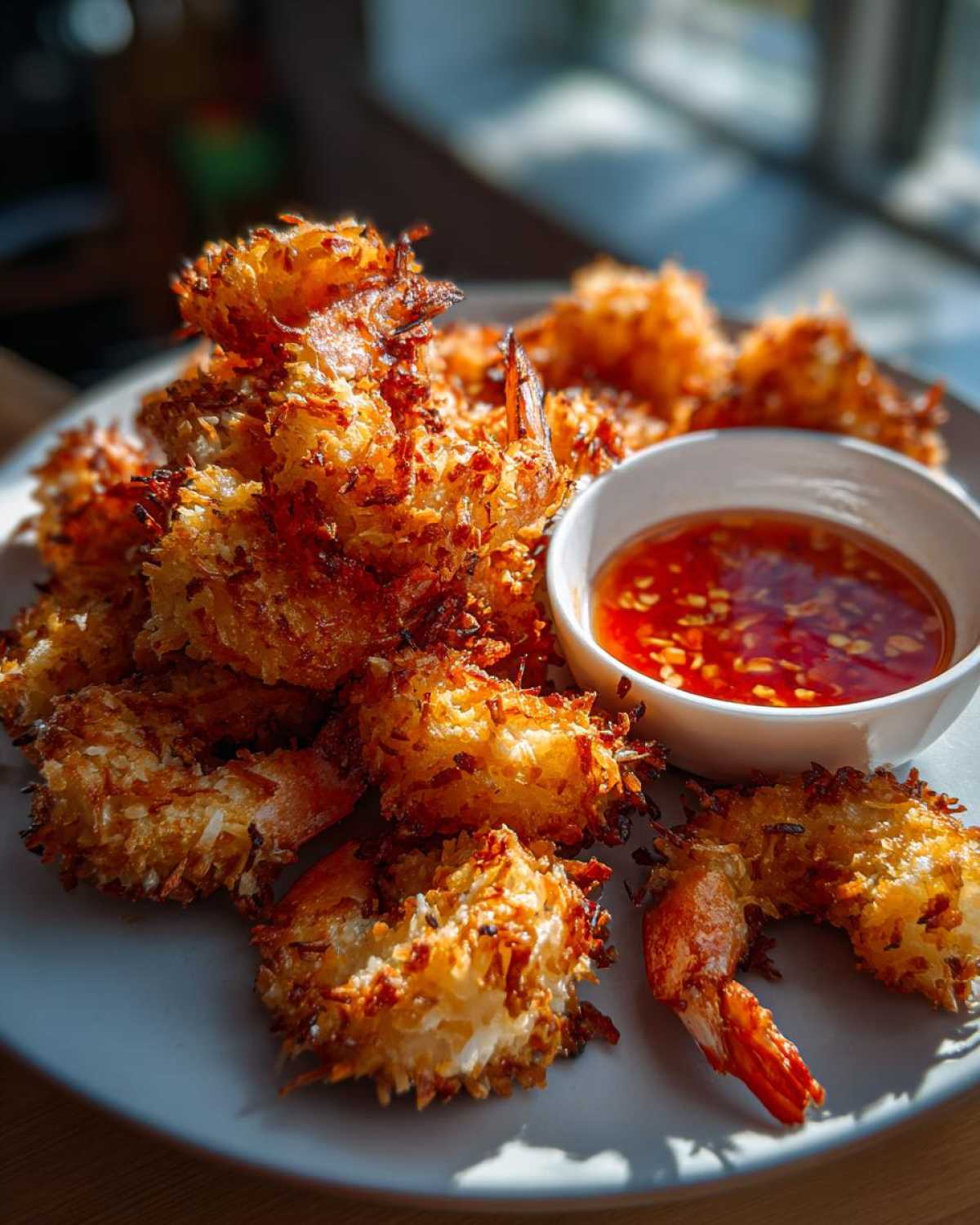 A plate piled high with golden brown Air Fryer Coconut Shrimp served with a side of vibrant sweet chili sauce.