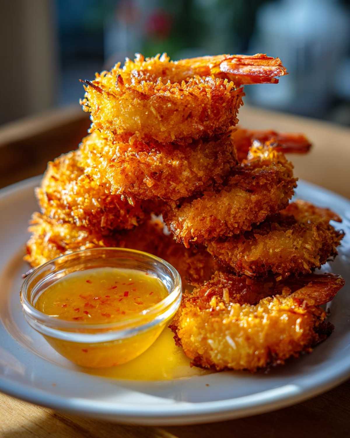 A stack of golden brown Air Fryer Coconut Shrimp served with a small bowl of sweet chili dipping sauce.
