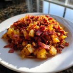 A plate of crispy Air Fryer Corned Beef Hash featuring golden potatoes and browned corned beef pieces.
