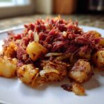 A close-up of Air Fryer Corned Beef Hash featuring shredded corned beef and crispy, golden potatoes on a white plate.