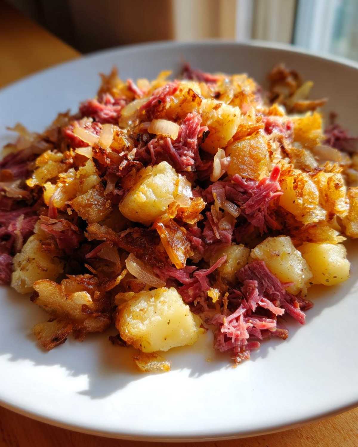 Close-up of golden crispy potatoes mixed with shredded corned beef and onions in Air Fryer Corned Beef Hash.