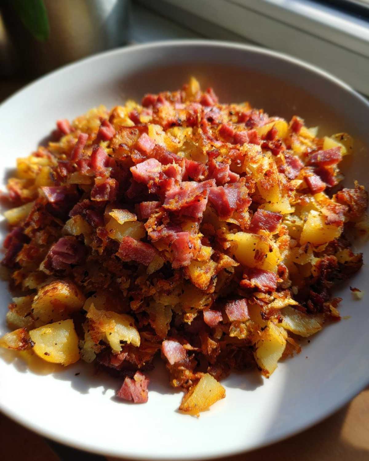 A close-up of golden, crispy Air Fryer Corned Beef Hash with diced potatoes and corned beef pieces served in a white bowl.
