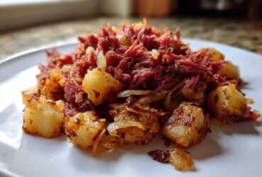 A close-up of Air Fryer Corned Beef Hash featuring shredded corned beef and crispy, golden potatoes on a white plate.