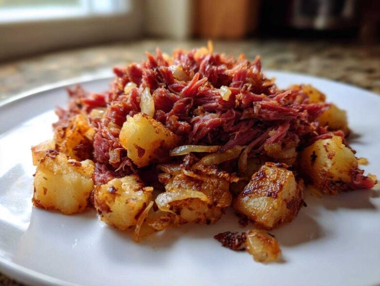 A close-up of Air Fryer Corned Beef Hash featuring shredded corned beef and crispy, golden potatoes on a white plate.