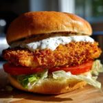 A perfectly assembled Air Fryer Crispy Fish Sandwich featuring a golden, crunchy fillet topped with tartar sauce.
