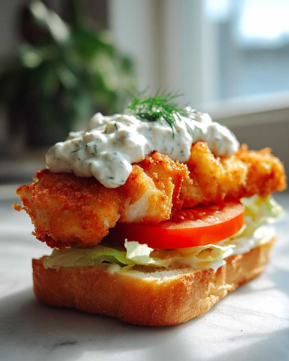 Close-up of an Air Fryer Crispy Fish Sandwich topped generously with tartar sauce and dill.