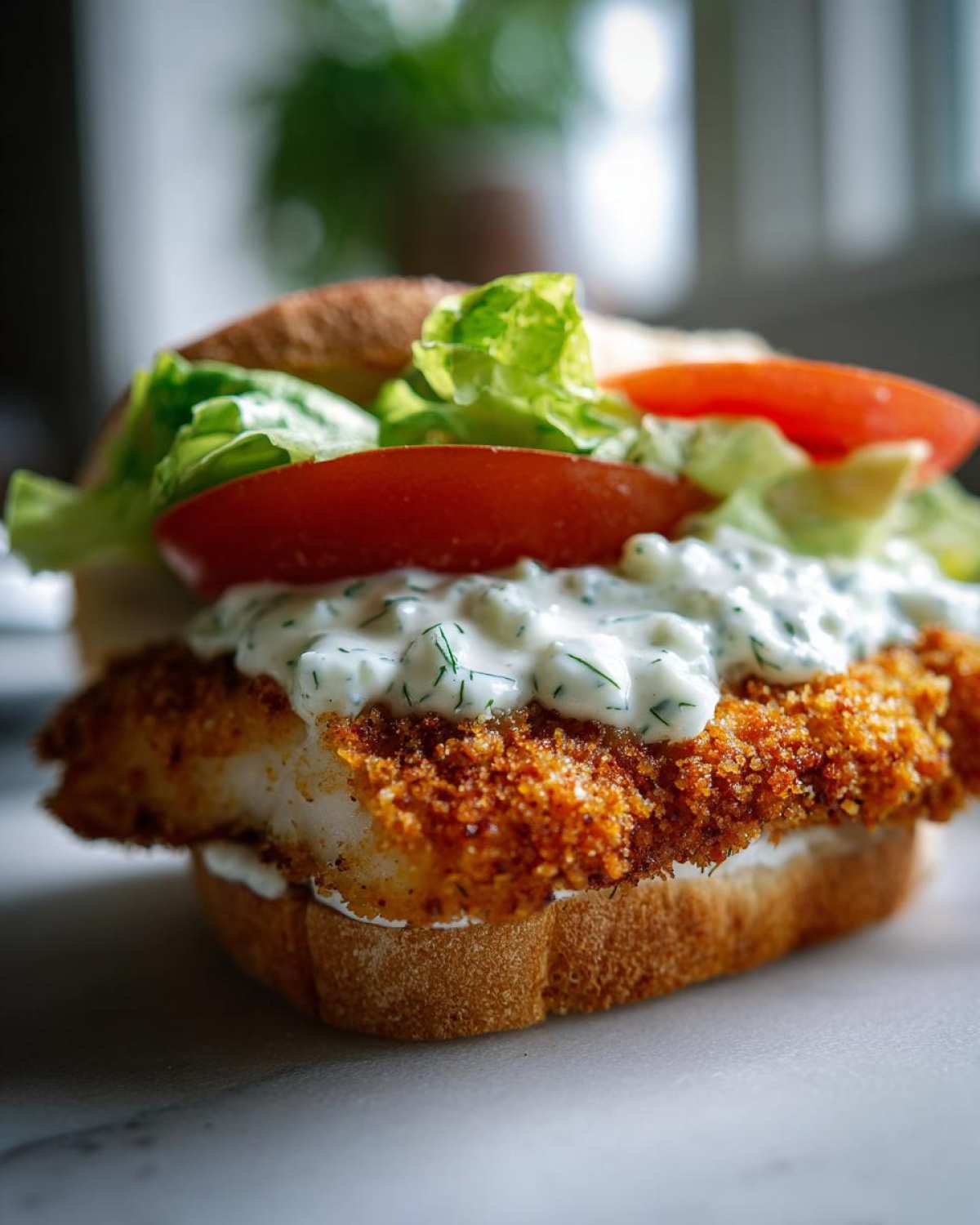 Close-up of an Air Fryer Crispy Fish Sandwich featuring a golden breaded fillet topped with homemade tartar sauce, lettuce, and tomato.