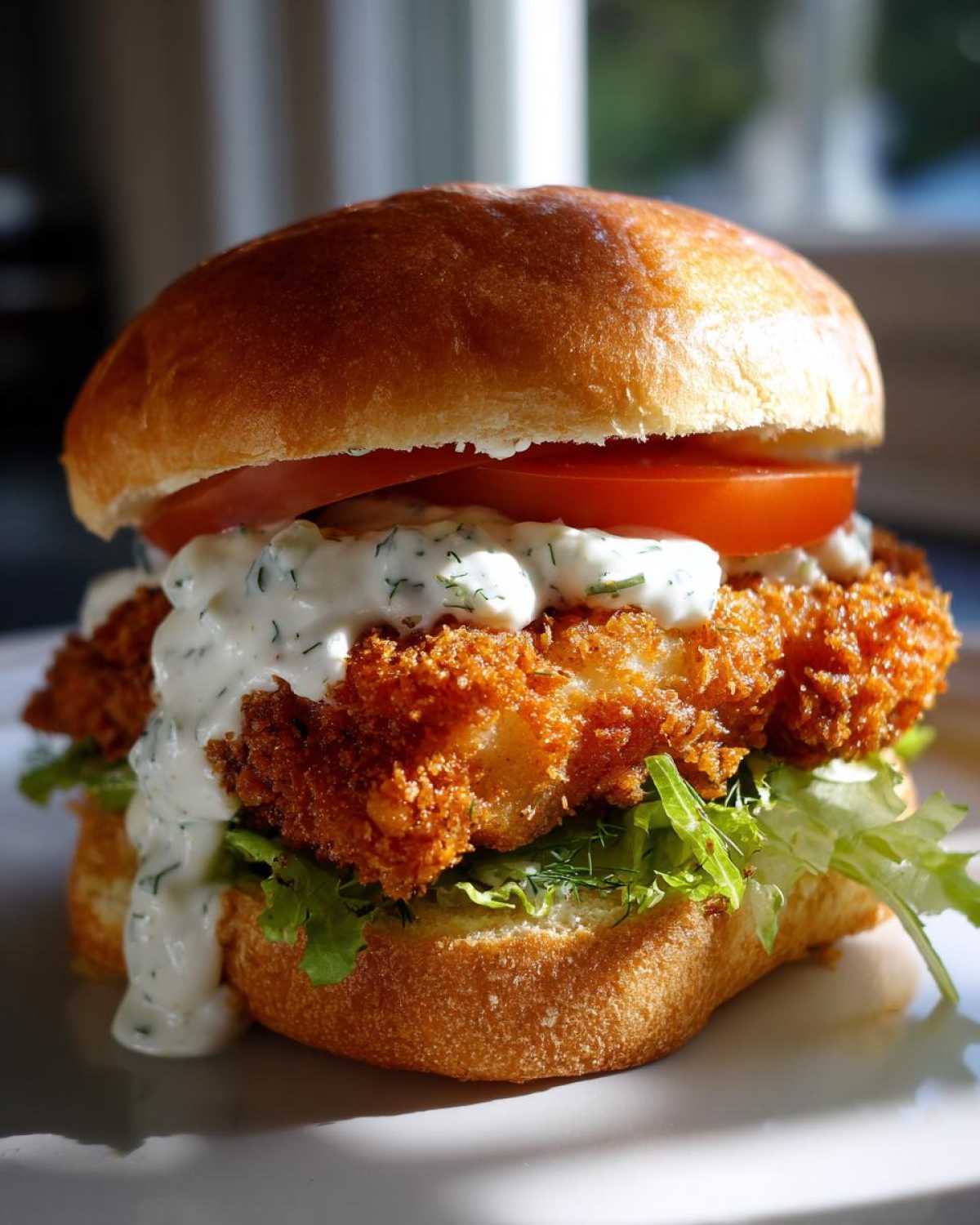 A close-up of an Air Fryer Crispy Fish Sandwich featuring a golden fried fillet, lettuce, tomato, and generous tartar sauce on a brioche bun.