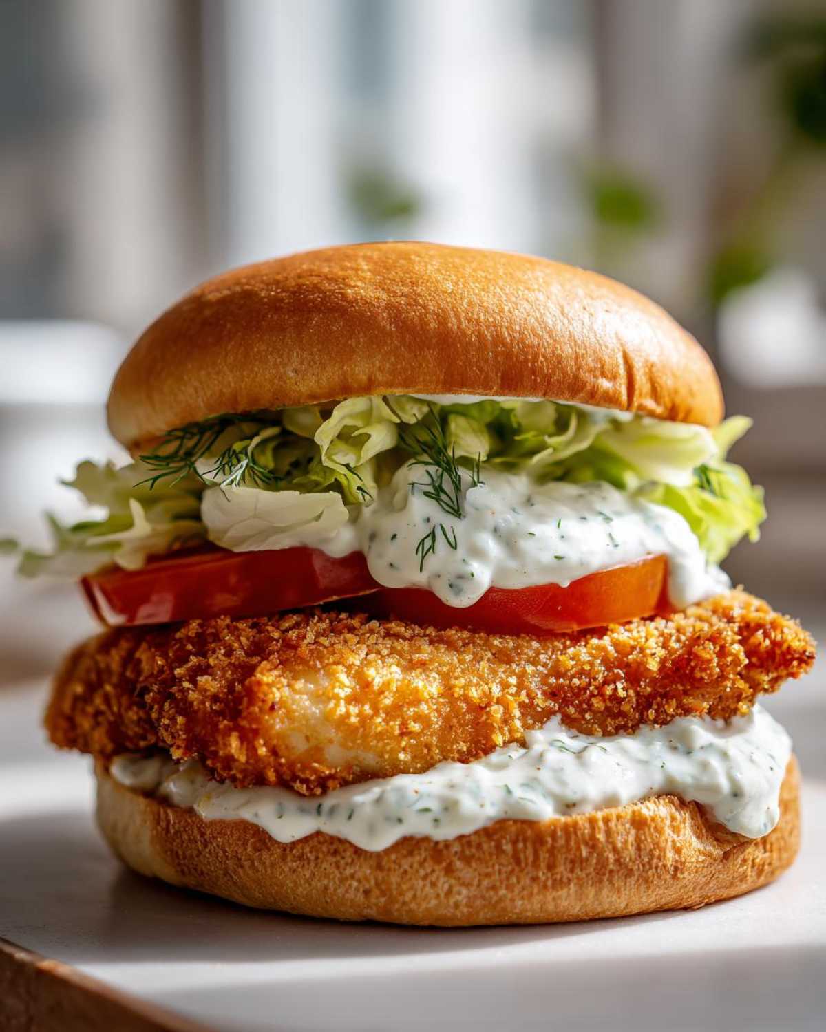 A close-up of an Air Fryer Crispy Fish Sandwich featuring a golden fried fillet and creamy tartar sauce.