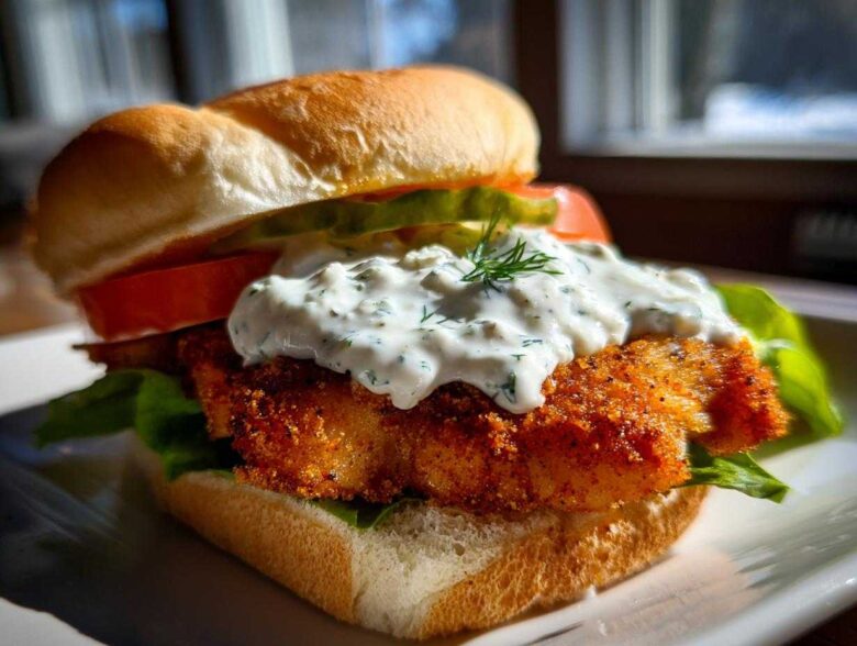 Close-up of an Air Fryer Crispy Fish Sandwich featuring a golden fried fillet topped with creamy tartar sauce and dill.