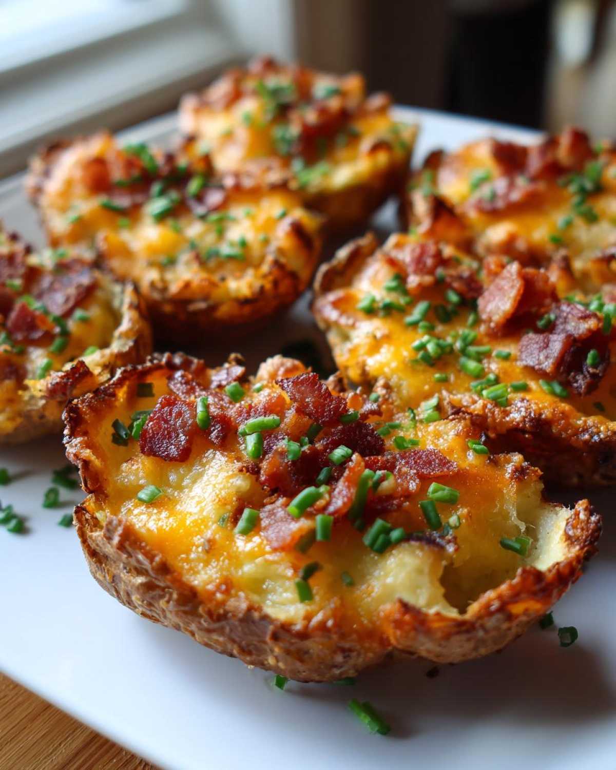 Close-up of several Air Fryer Crispy Potato Skins topped with melted cheddar cheese, bacon bits, and fresh chives.