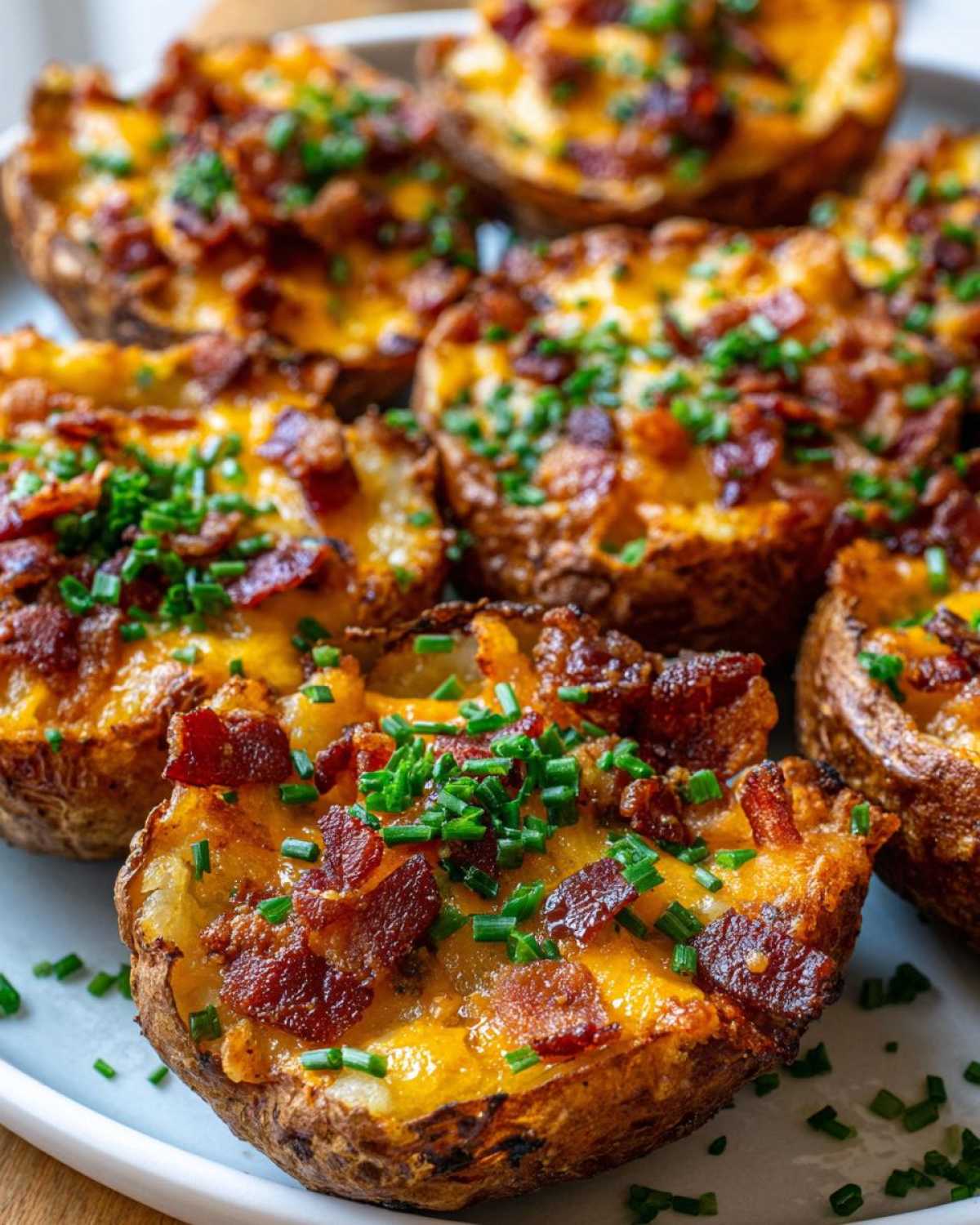 Close-up of several Air Fryer Crispy Potato Skins topped with melted cheddar, bacon bits, and fresh chives.
