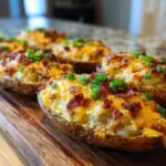Close-up of perfectly cooked Air Fryer Crispy Potato Skins topped with melted cheddar cheese, bacon bits, and fresh chives.