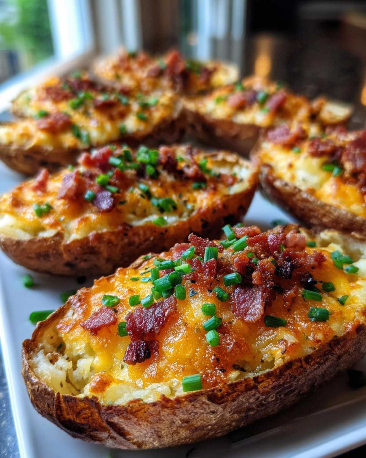 Close-up of several Air Fryer Crispy Potato Skins topped with melted cheddar cheese, bacon bits, and fresh chives.