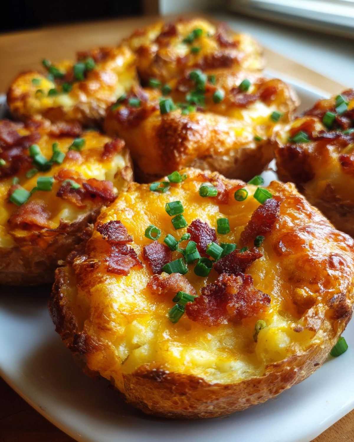 Close-up of golden Air Fryer Crispy Potato Skins topped with melted cheddar cheese, bacon bits, and fresh chives.