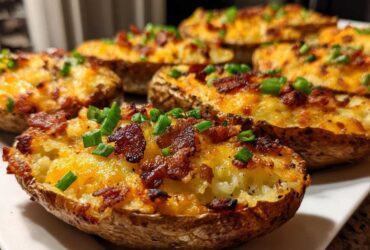 Close-up of several Air Fryer Crispy Potato Skins topped with melted cheddar cheese, bacon bits, and fresh chives.