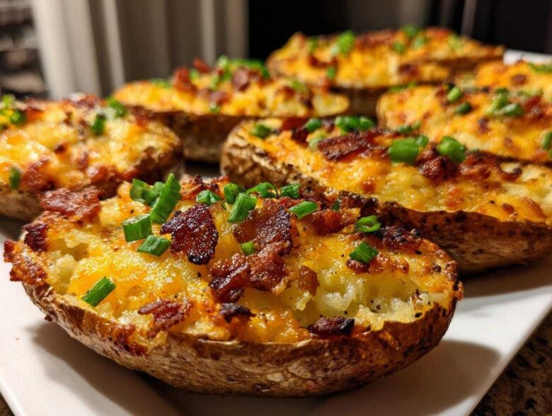 Close-up of several Air Fryer Crispy Potato Skins topped with melted cheddar cheese, bacon bits, and fresh chives.
