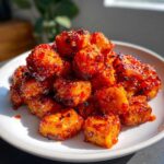 A pile of golden Air Fryer Crispy Tofu with Sweet Chili Glaze stacked on a white plate.