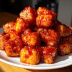 A mound of golden, crispy Air Fryer Crispy Tofu coated in a shiny, thick sweet chili glaze on a white plate.