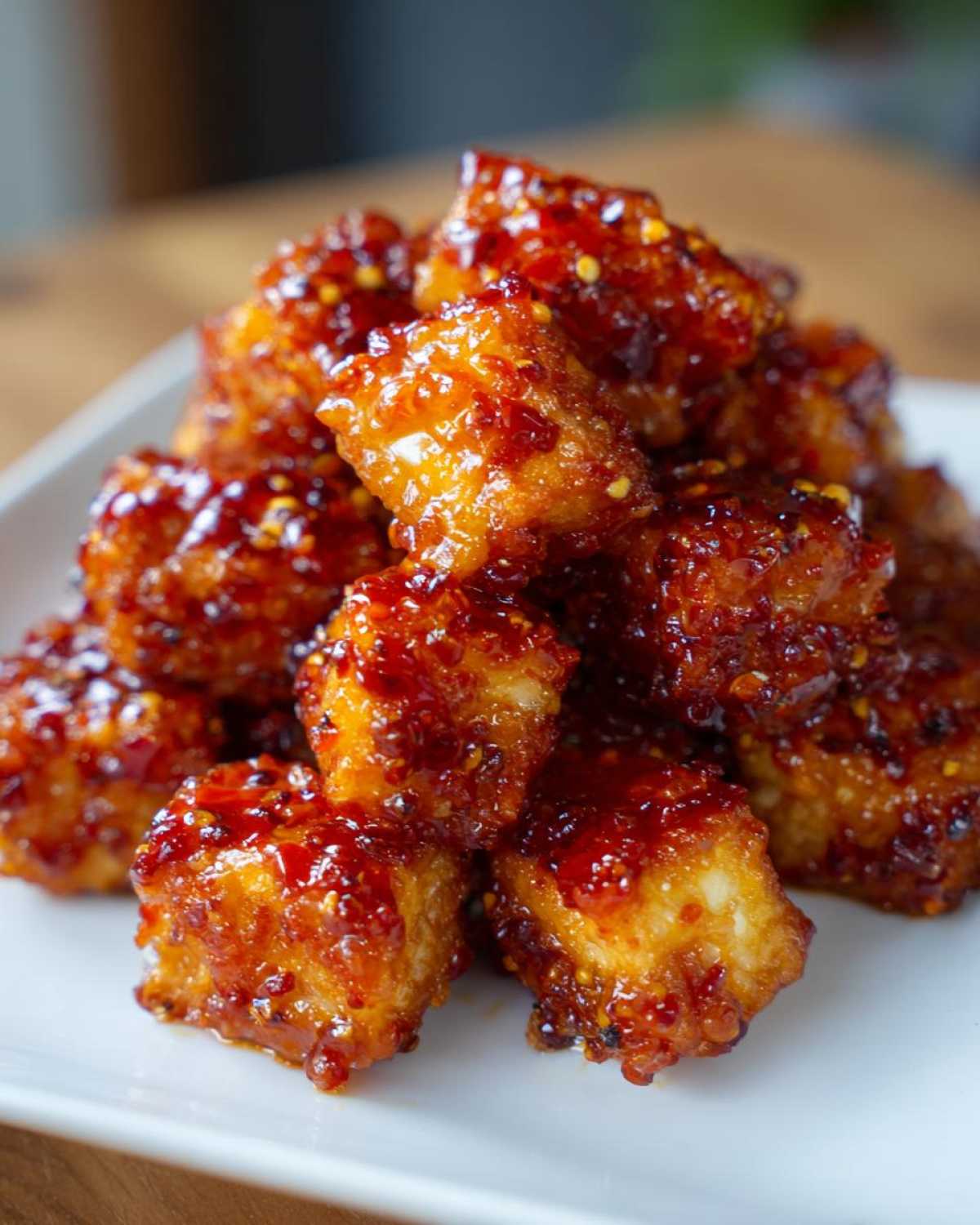 Close-up of crispy Air Fryer Crispy Tofu with Sweet Chili Glaze piled high on a white plate.