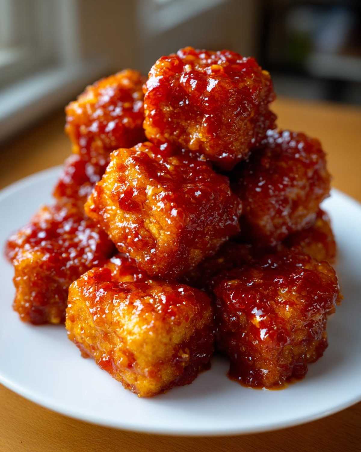 A stack of golden, crispy Air Fryer Crispy Tofu coated in a thick, glossy sweet chili glaze.