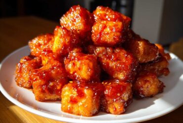 A mound of golden, crispy Air Fryer Crispy Tofu coated in a shiny, thick sweet chili glaze on a white plate.