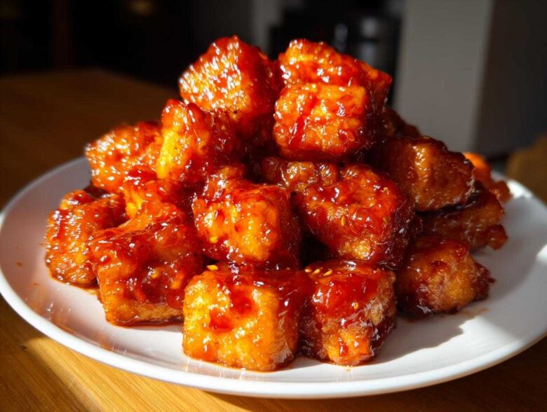 A mound of golden, crispy Air Fryer Crispy Tofu coated in a shiny, thick sweet chili glaze on a white plate.