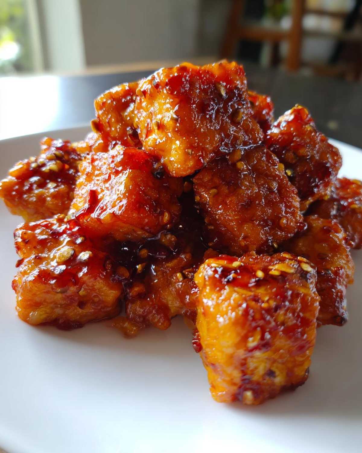 Close-up of sticky, glossy Air Fryer Crispy Tofu with Sweet Chili Glaze piled on a white plate.