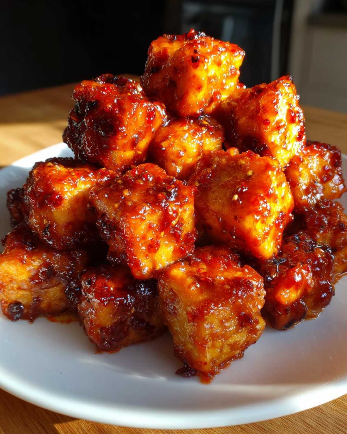 A mound of golden, crispy tofu cubes coated in a shiny, deep red sweet chili glaze, ready to eat.