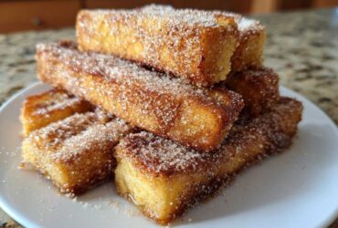 A stack of golden Air Fryer French Toast Sticks generously coated in cinnamon sugar on a white plate.